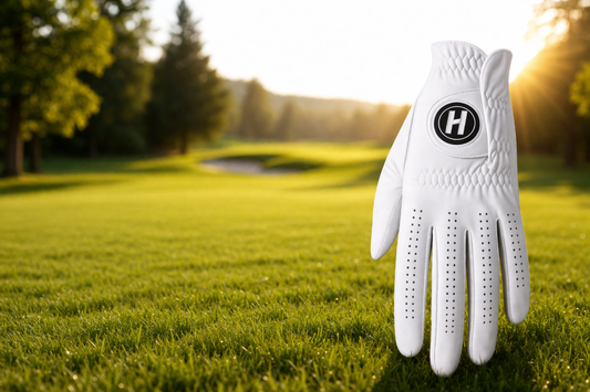 Golfer wearing a cabretta leather golf glove while gripping a golf club